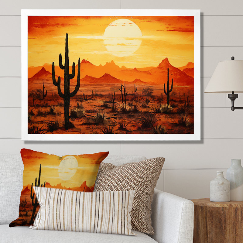 Cactus Sunrise Silhouettes - Cactus, art mural, H 24 po x l 32 po x P 1 po, Cadre simple blanc