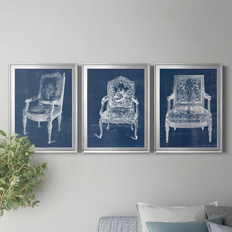 Antique Chair Blueprint IV - Ensemble de 3 peintures sur toile encadrées, H 30,5 po x l 127,5 po x P 4,5 po