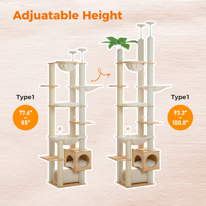 Arbre à chat à hauteur réglable de 90,5 po avec des zones d'escalade et de repos, beige