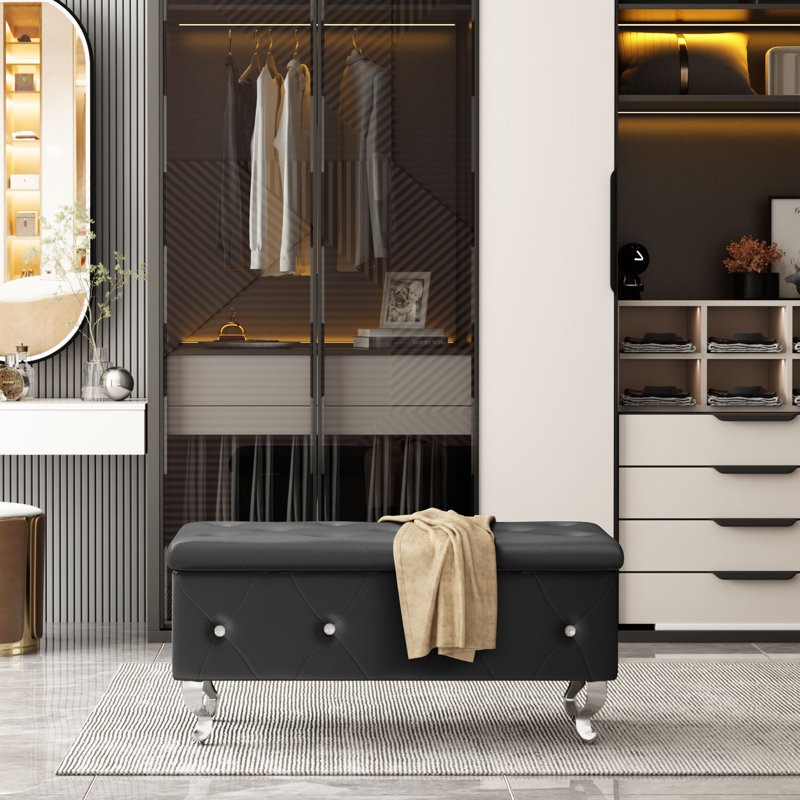 Repose-pieds de rangement rectangulaire en similicuir de 37,4 po Voxto, Similicuir noir
