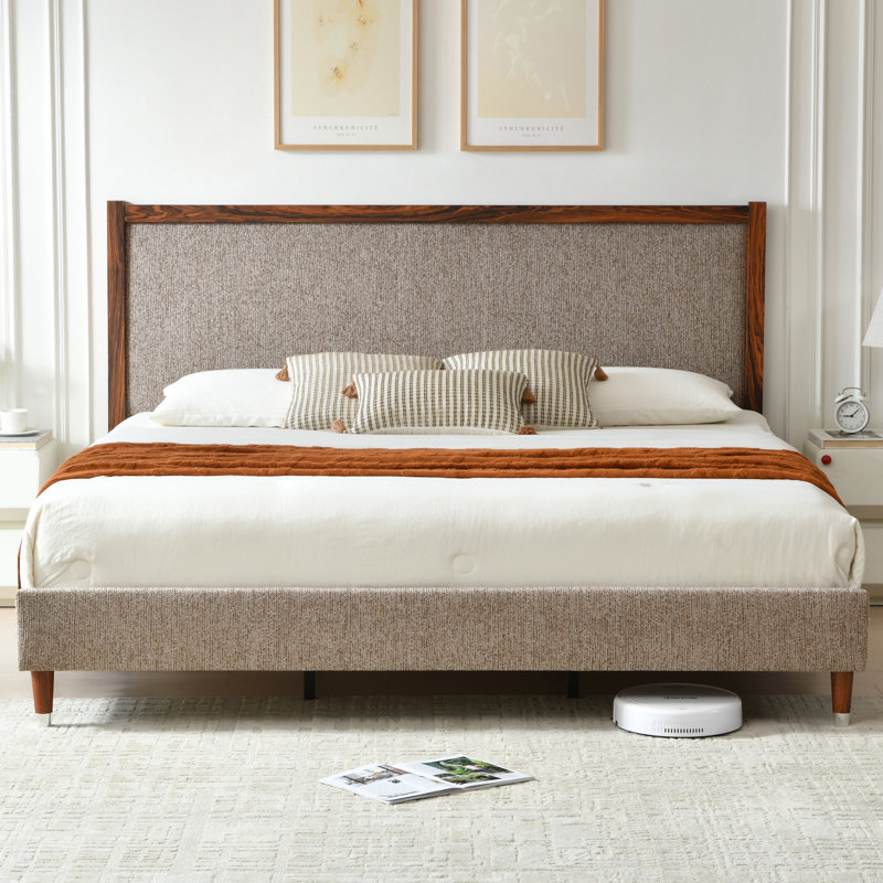 Lit plateforme en bois avec base rembourrée, Café, King