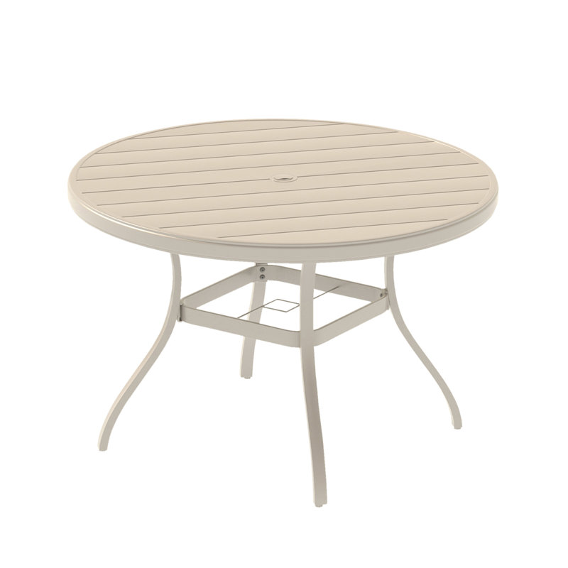 Table de salle à manger ronde pour l'extérieur pour 6 à 7 personnes, métal toutes saisons, couleur grès, trou de parasol pour patio
