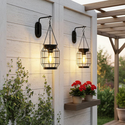 2 Pack Metal Solar Lanterns, IP65 Waterproof, Tungsten Bulb, Auto On/Off, For Garden Patio Porch