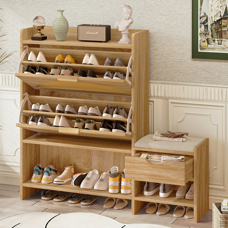 Armoire de rangement pour chaussures en rotin de 47,2 po avec 2 tiroirs rabattables, un tiroir de rangement et un banc pour l'entrée et le couloir
