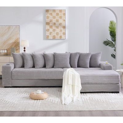 Canapé en forme de L, canapé modulaire en velours côtelé, avec repose-pieds mobile, porte-gobelets et 8 coussins décoratifs