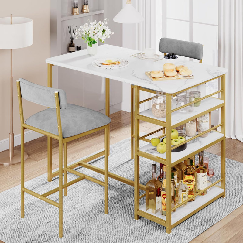 Ensemble de table de salle à manger avec 3 tablettes de rangement et table de bar avec 2 repose-pieds, Blanc / Doré