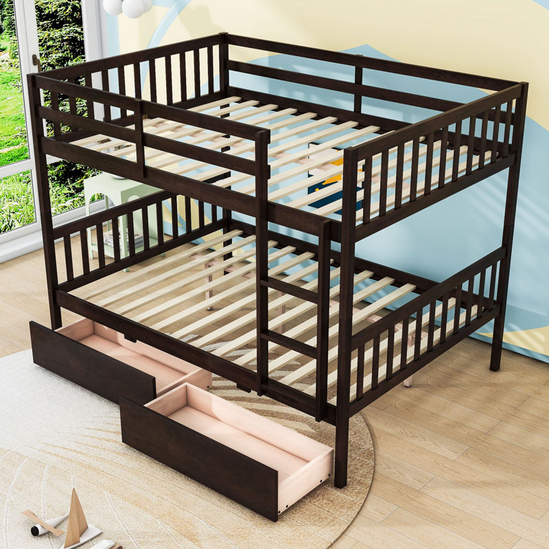 Lit superposé convertible en bois avec tiroirs de rangement et barrières de sécurité, Lit superposé double sur double