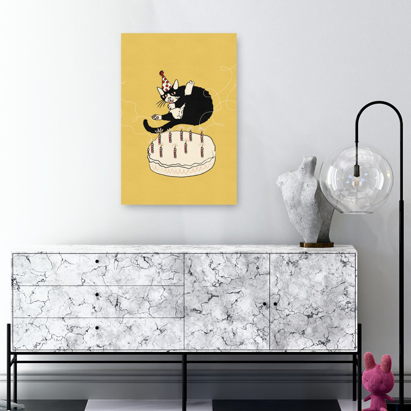 Fête d'anniversaire de chat, impression d'art mural fantaisiste de chat contemporain, H 36 po x l 24 po