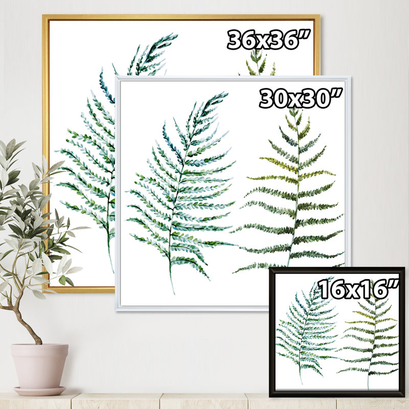 Deux feuilles de fougère - reproduction sur toile avec cadre flottant, Cadre noir, H 16 po x l 16 po x P 1 po