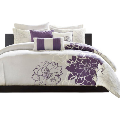Housse de couette 6 pièces pour lit double / grand, coton à imprimé floral et 2 taies décoratives, 3 coussins décoratifs, fermeture à boutons, attaches de coin intérieures, broderie gracieuse, literie lavable, gris / pêche, taupe