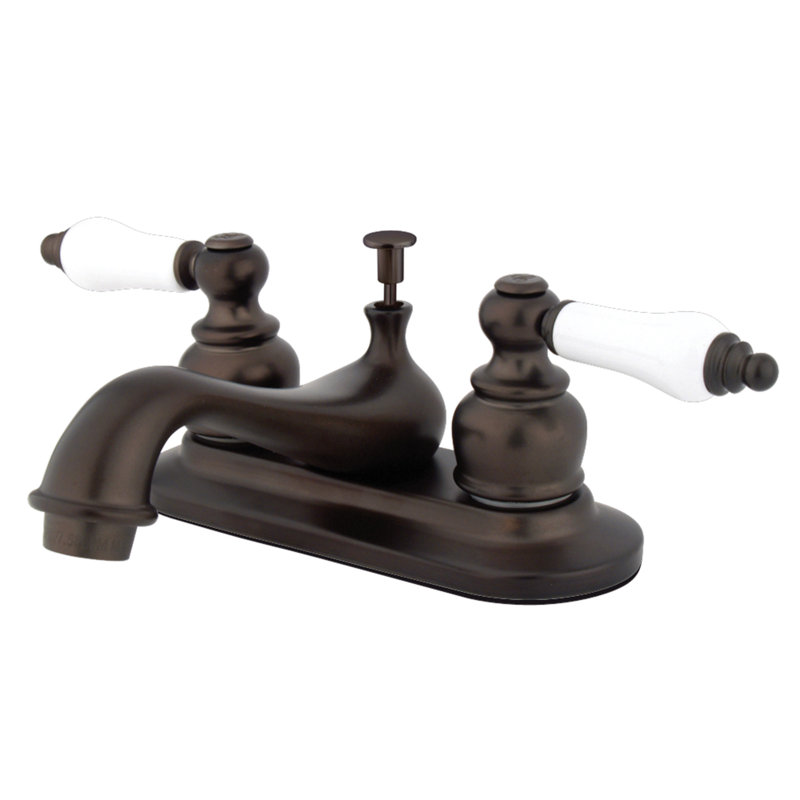 Kingston Brass Restoration Two-Handle 3-Hole Deck Mount 4" Centerset Bathroom Faucet with Plastic Pop-Up, Oil Rubbed Bronze