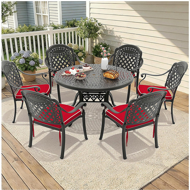 Ensemble de 7 meubles de patio en aluminium coulé avec cadre noir et coussins de siège rouges (identique à: W1710S00483)