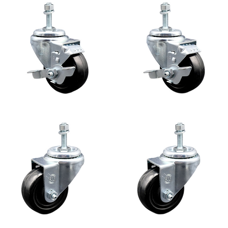 Ensemble de roulettes à tige filetée de 3,5 pouces avec roues pivotantes de 3/8 po 2 freins SCC