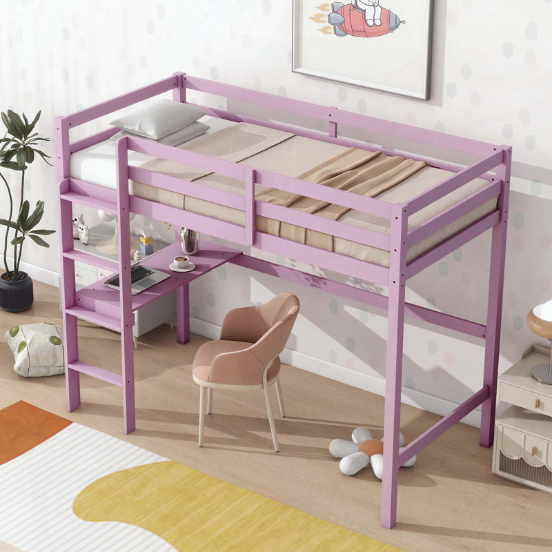 Twin High Loft Bed with Built-in Desk, Pink