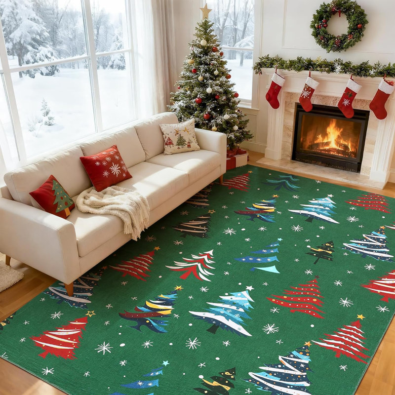 Rug, Christmas Rugs with Xmas Tree Pattern for Holiday Decor, Non Slip Low Pile Washable Rug for Kitchen, Entryway, Living Room, Bedroom, 