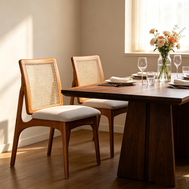 Ensemble de 2 chaises de salle à manger modernes en rotin, canne en bois massif pour petite cuisine