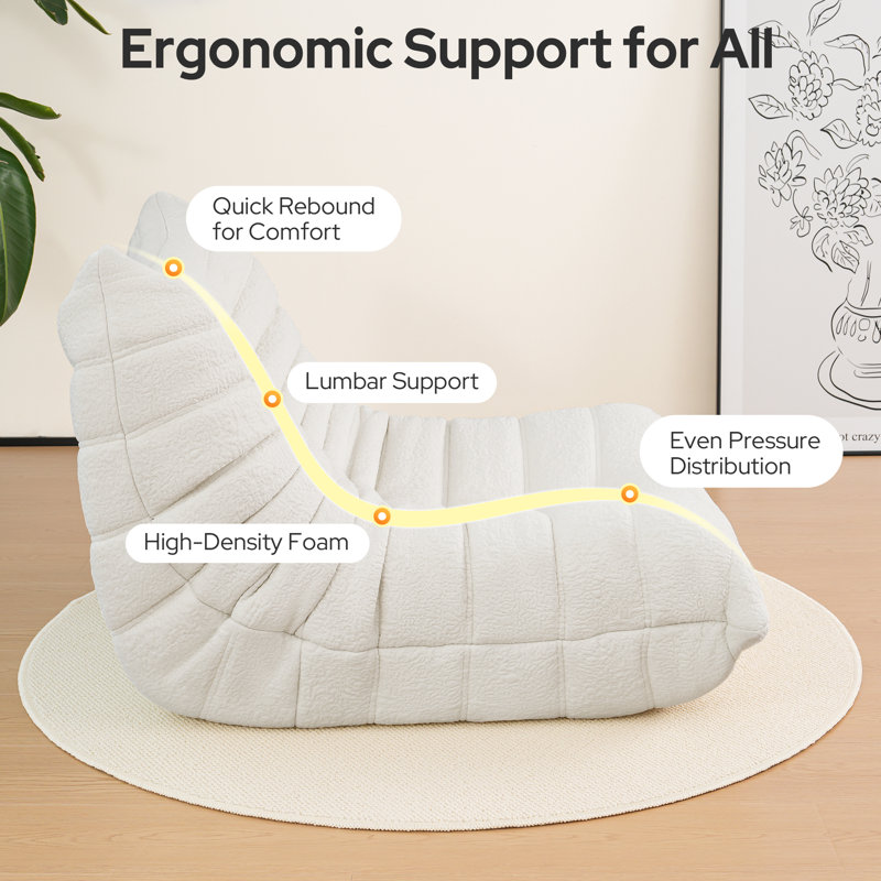Armless Bean Bag Chair – Upgraded Foam Support, Compression Soft Upholstered Lounge Seating, White Microfiber/Microsuede