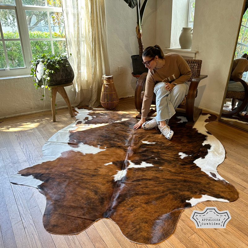 Grand tapis moyen en cuir de vache tricolore 6 pi x 7 pi - 100% cuir véritable - Accent de luxe naturel bohème-chic