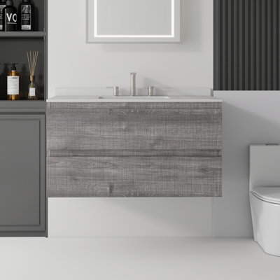 36" Floating Bathroom Vanity with Sink Combo, Plywood Cabinet, Ceramic Sink, Cultured Marble Countertop & Backsplash, 2 Soft Close Drawers, Grey