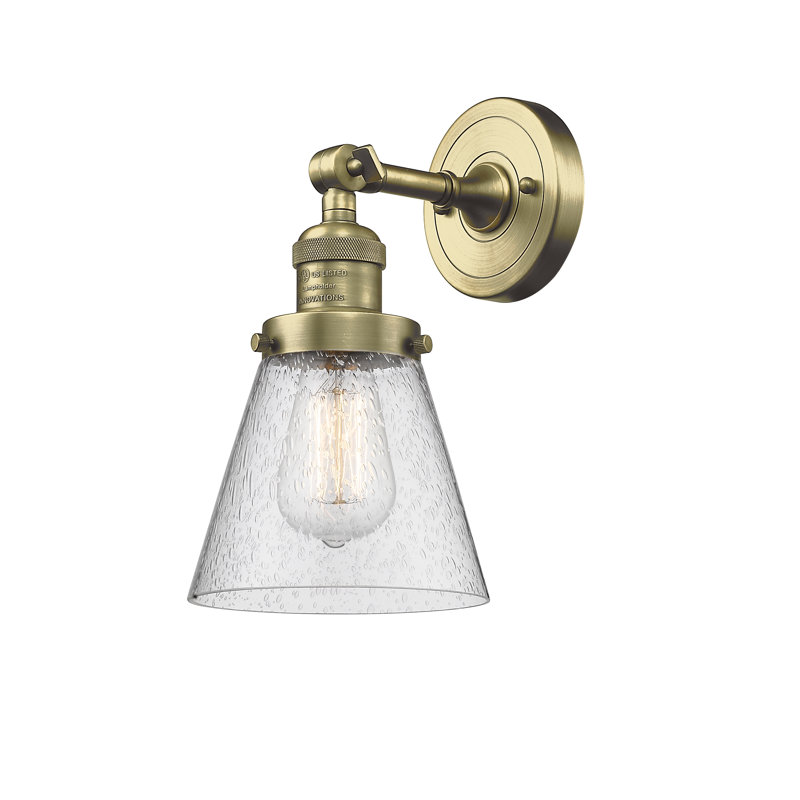 Cone 1 Light Sconce, Antique Brass, 6 Watt Vinage LED Bulb, Seedy