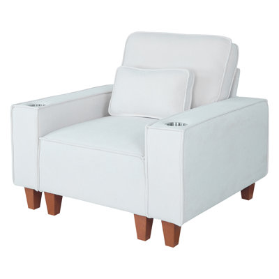 Chenille Deep Seat Armchair With Brushed Stainless Steel Cup Holder And Accent Pillow – Modern Single Sofa For Living Room by Ebern Designs