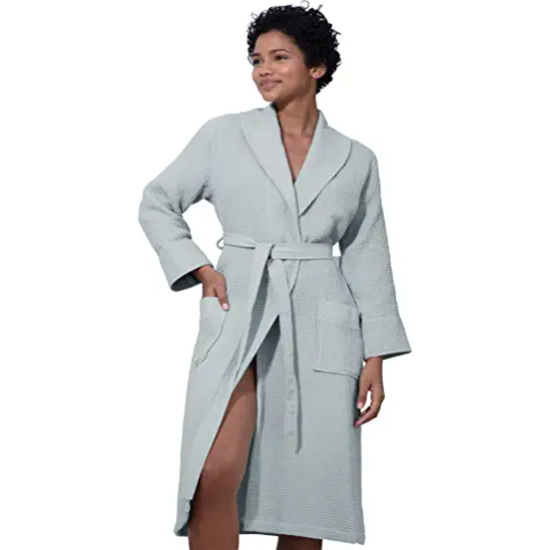 Peignoir mi-mollet en coton avec poches, Bleu-gris, M