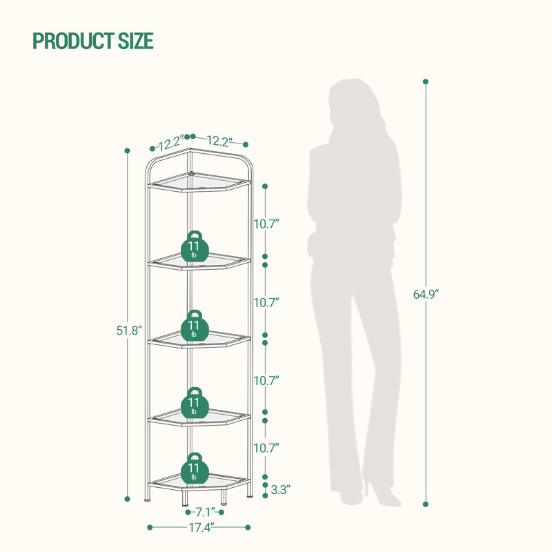 Corner Shelf Stand, 5-Tier Glass Bookshelf Bookcase, Bathroom Organizer, Plant Stand, Steel Frame, Tempered Glass, Modern Style for Living Room, Bathroom, Kitchen, Gold