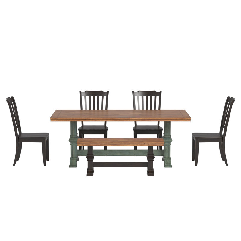 Fortville 78" Solid Wood Oak Finish Top Dining Set With Spindle Back Chairs - 6-Piece, Antique Sage Base Table, Antique Black Base Chairs And Bench