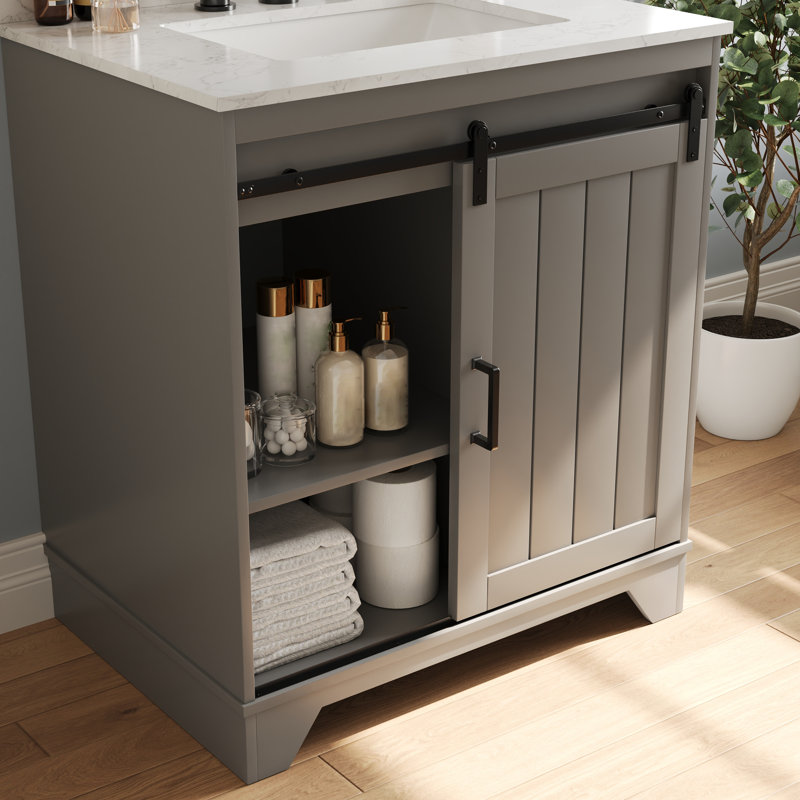 Gray 30" Freestanding Bathroom Vanity with Ceramic Sink and Storage Baskets