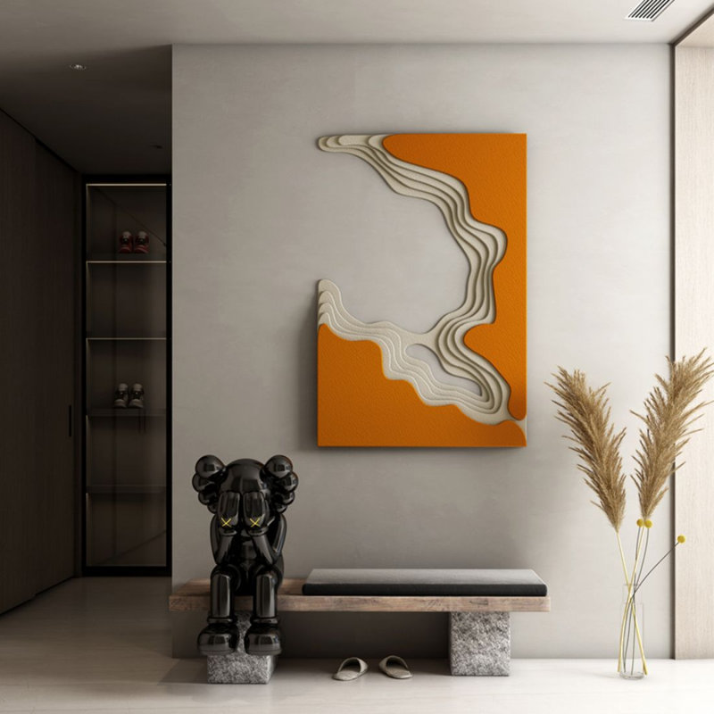 Tableaux suspendus tridimensionnels en grès, Orange / kaki, H 47,24 po x l 31,5 po