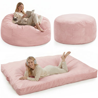  Velvet Memory Foam Bean Bag Chair Lounger for Adults and Kids, Oversized Comfy Floor Sofa Seating, Ergonomic Upholstered Accent Furniture for Living Room and Bedroom, Coral Pink