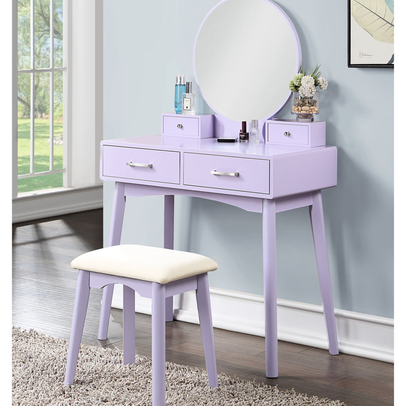 Coiffeuse et tabouret contemporains en bois violet - Style moderne avec miroir, bois d'hévéa massif, largeur de la table : 76,8 cm, structure en bois d'hévéa pour une stabilité optimale