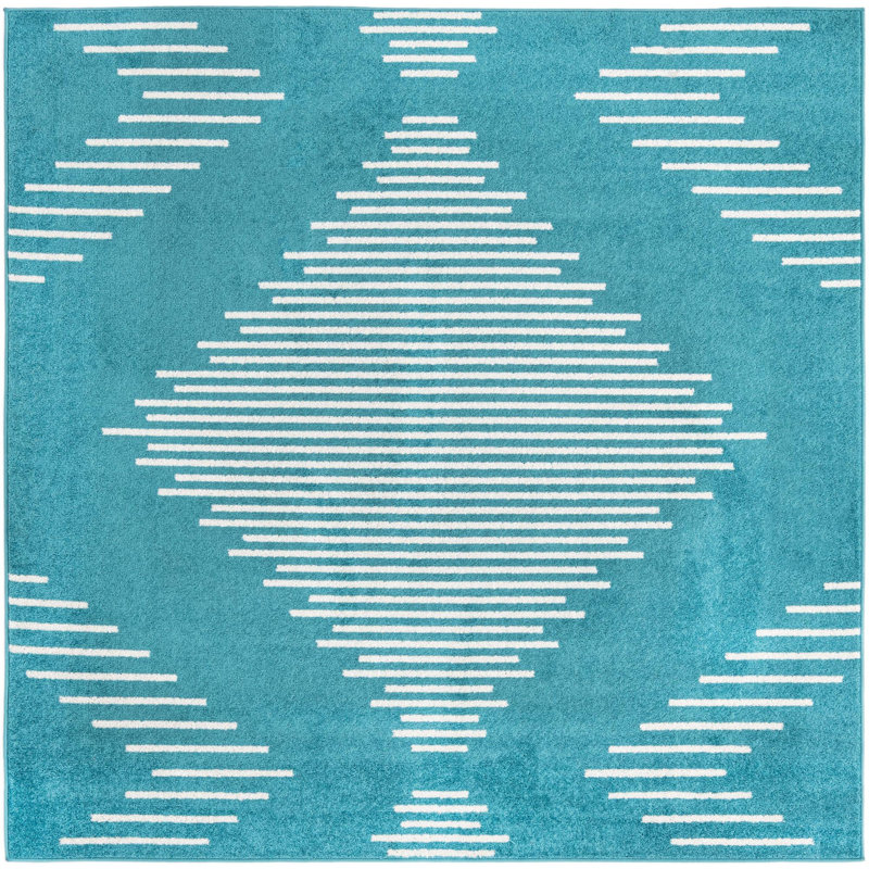 Tapis géométrique tissé à la machine en polypropylène turquoise, Carré 7 pi