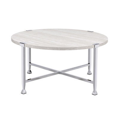Table basse ronde avec cadre en métal, chêne blanc et chrome