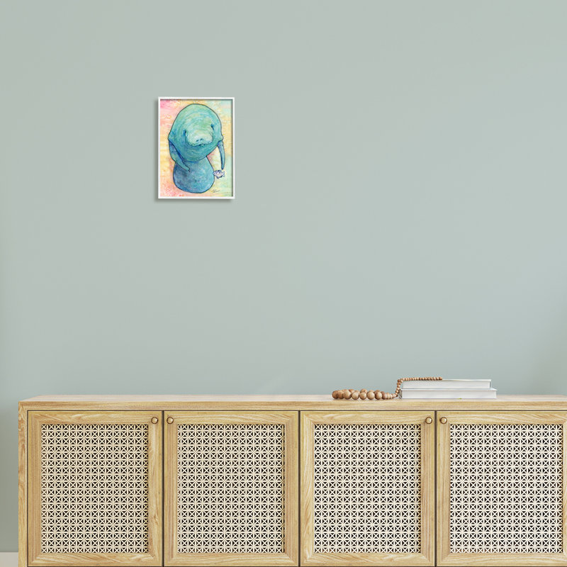 Lamantin aquatique parmi les poissons, H 14 po x l 11 po x P 1,5 po, Giclée encadrée blanc bord de mer