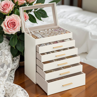 Jewelry Box Organizer, 6-Layer Jewelry Storage With 5 Drawers, Shiny Metal Hardware, Glass Lid, Modern, 6.4 X 9.9 X 11.4 Inches