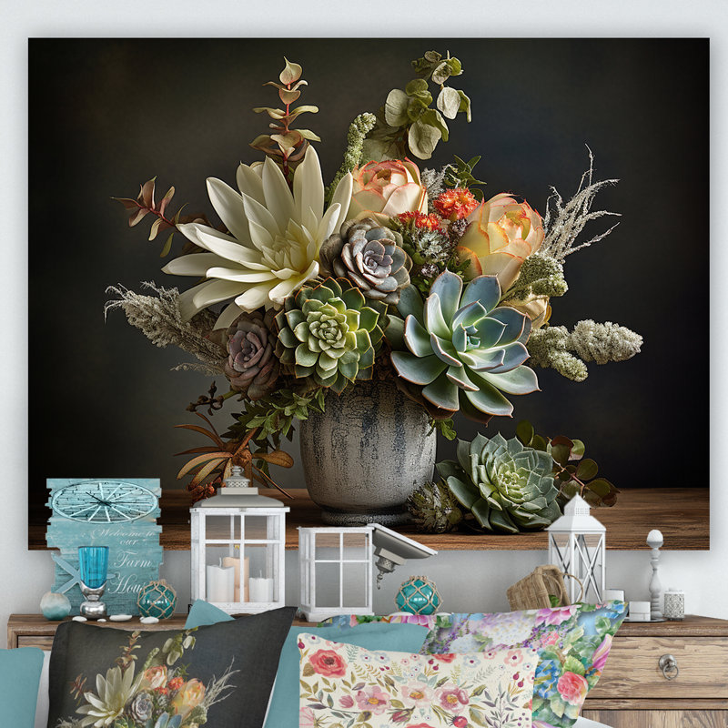 Succulent Bouquet Still Life I - Succulent Wall Art Living Room, Toile tendue, H 16 po x l 32 po x P 1 po
