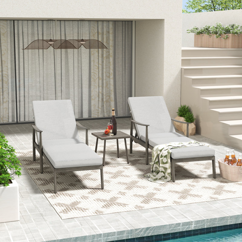 Chaise longue de patio en aluminium 2 pièces avec table d'appoint et coussins, Coussin gris / cadre brun