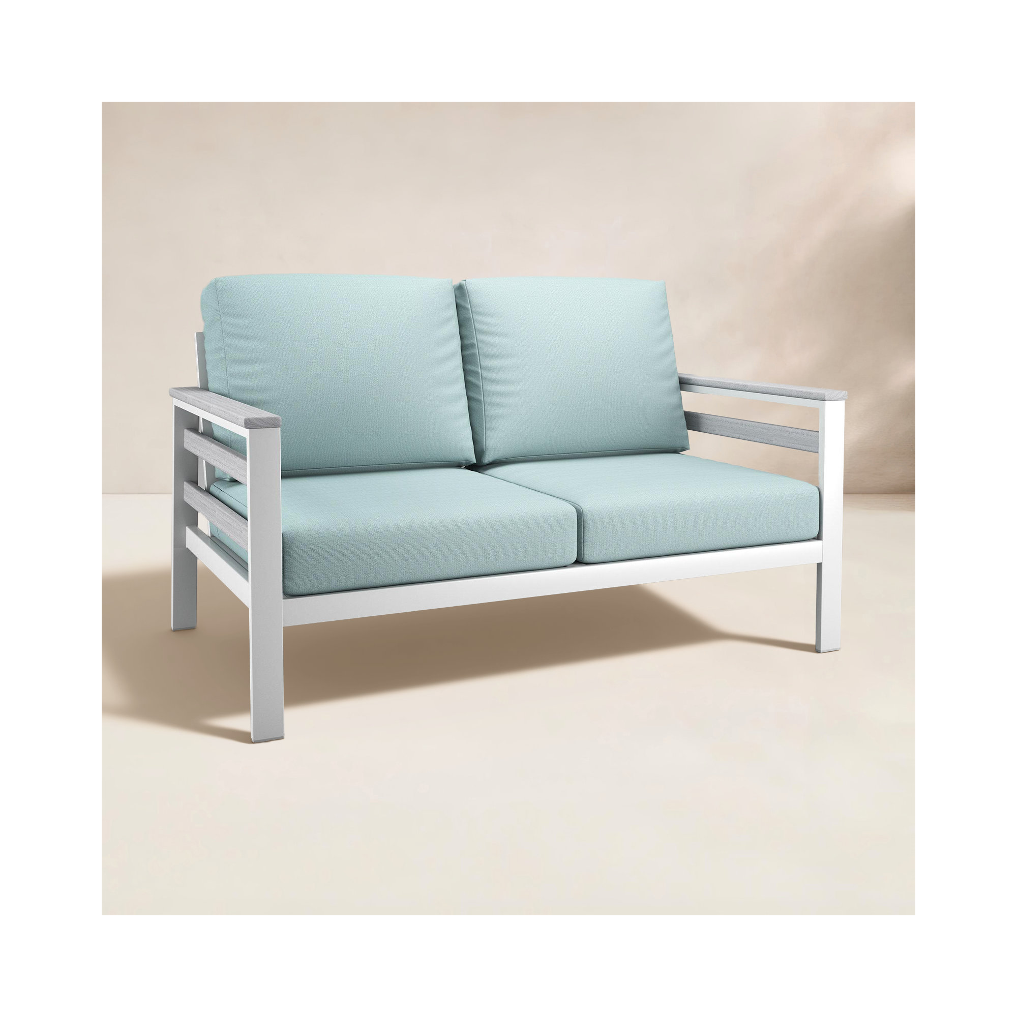 Townsend Metal Outdoor Loveseat With Sunbrella Cushion, Bliss Dew
