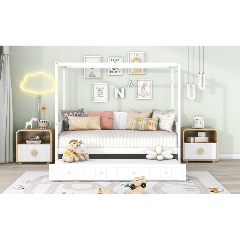 Twin Size Canopy Day Bed With Twin Size Trundle, White