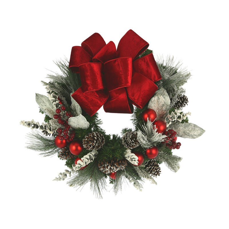 28" Snowy Holiday Wreath With Pine, Berries, Pinecones And Ornaments