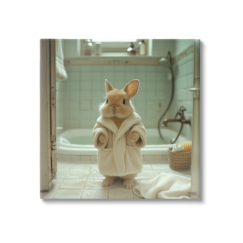 "Lapin en peignoir" par RB sur toile, H 30 po x l 30 po