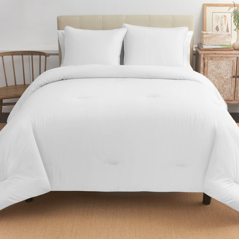 Reversible Percale Cotton Comforter Set, White, Full/Double Comforter + 2 Standard Shams