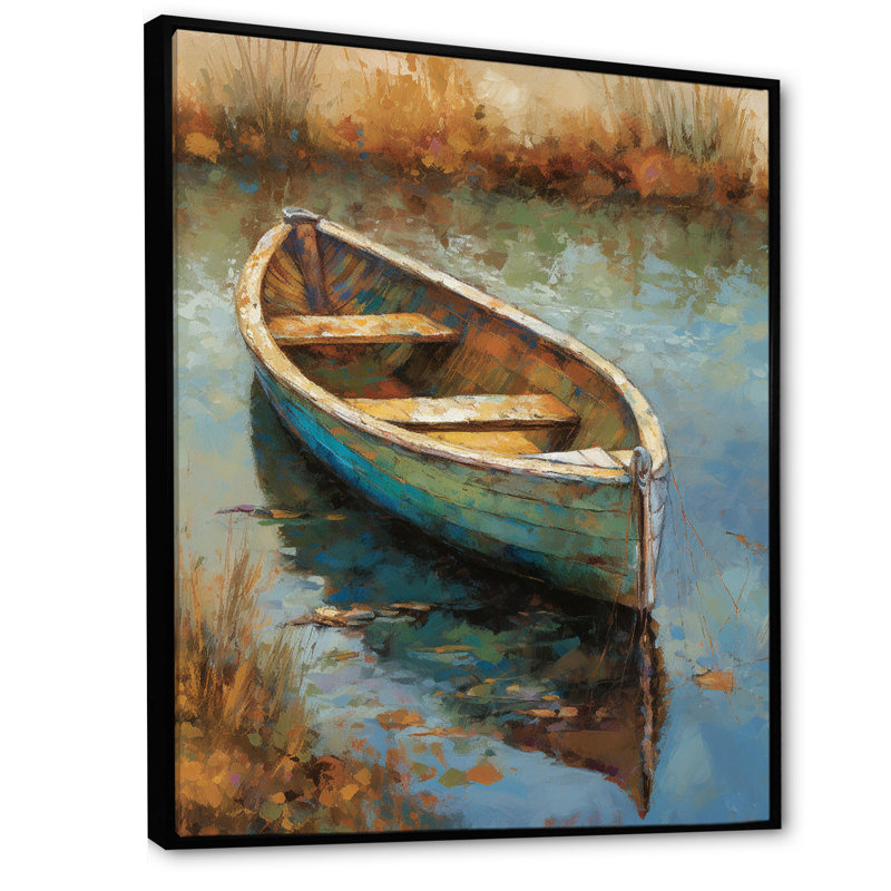 Lake Serenity Dinghy Boat Resting On The Water I - Lakehouse Wall Art, Black Floater Framed, 40" H x 30" W x 1.5" D