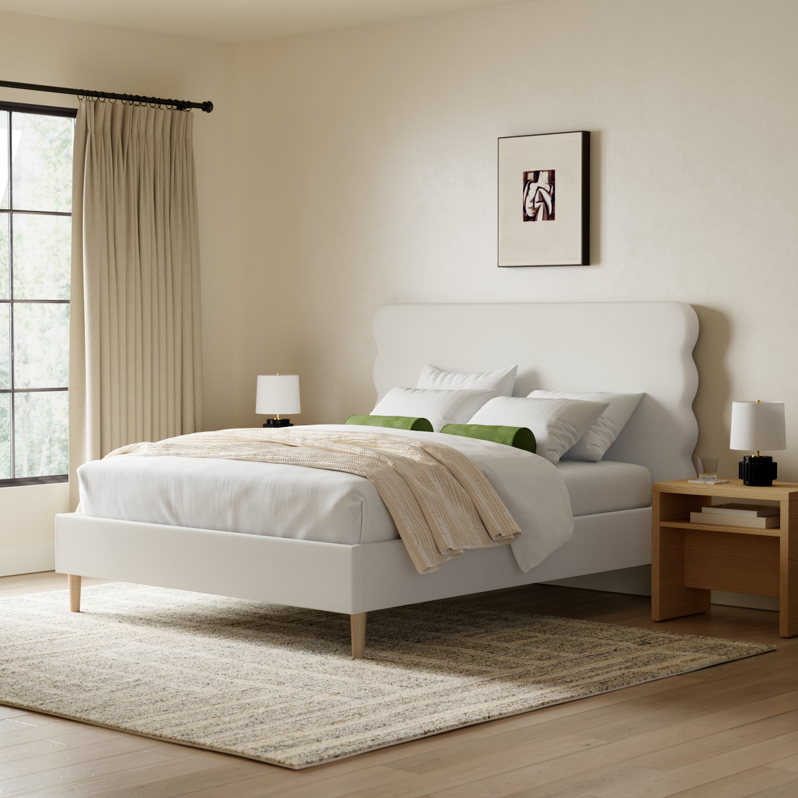 Henley Upholstered Scalloped Bed, Antique White, Queen