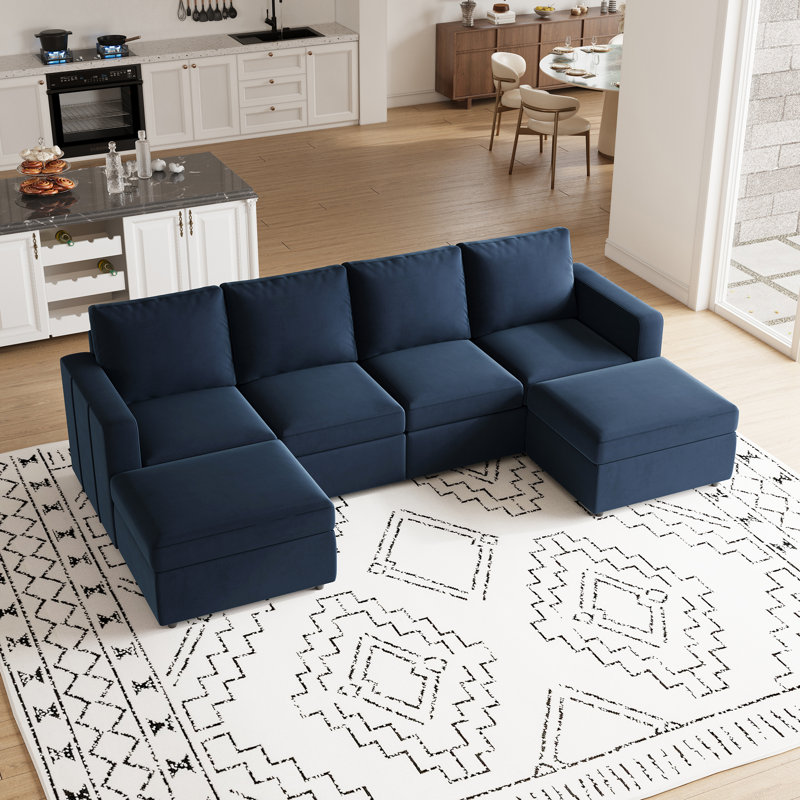 Canapé modulaire rembourré avec rangement Rafael, Velours bleu