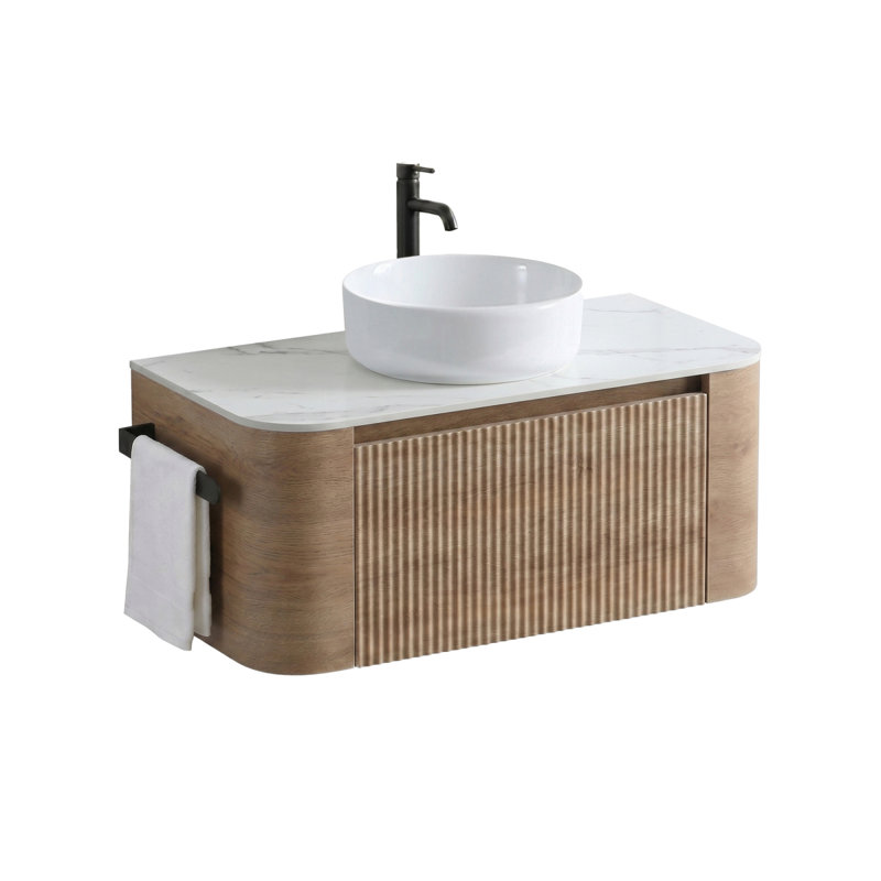 Meuble-lavabo de 36 po avec lavabo Erba, armoire murale en chêne blanc avec porte-serviettes gratuit, conception simple de lavabo en céramique blanche, sans drain et robinet, pré-assemblé