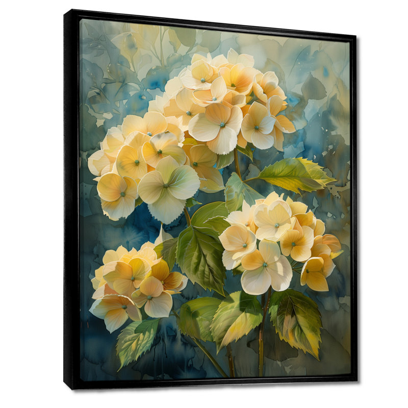 Jaune et vert, délicates pétales d'hortensia - impression d'art mural hortensia, Cadre flottant noir, H 30 po x l 40 po