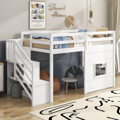  Lit mezzanine simple avec escalier de rangement, panneau de fenêtre et espace ouvert, blanc