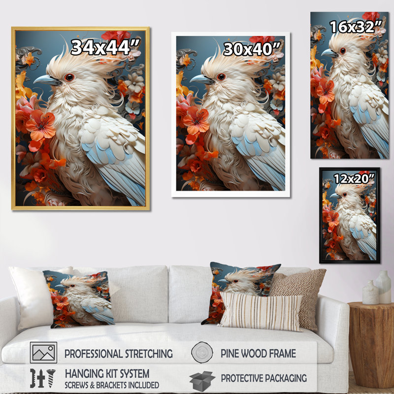 Bird Feathery Symphony sur toile, Cadre doré simple, H 32 po x l 24 po x P 1 po